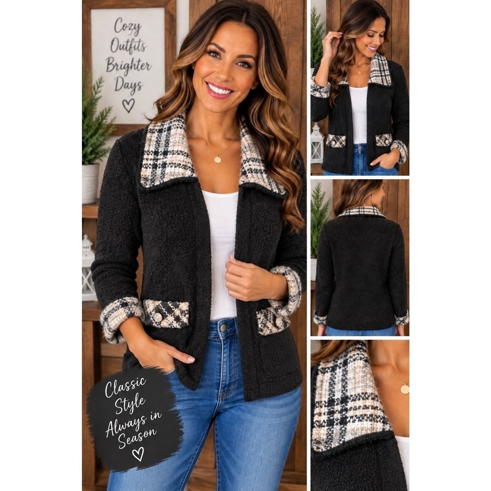 Christopher & Banks Black Textured Knit Cardigan Plaid Collar XL